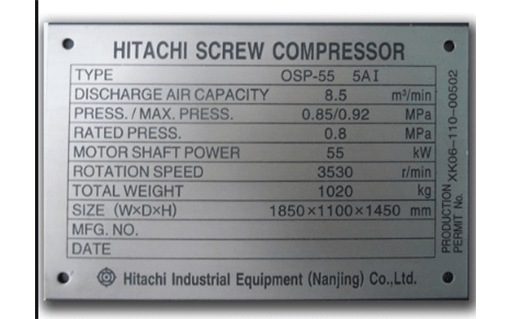 Hitachi screw compressor OSP-55 5AI nameplate